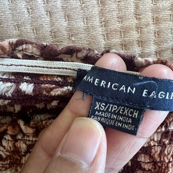 American Eagle Women Top XS Brown Floral Cropped Boho Smocked Peplum Peasant - Picture 4 of 11